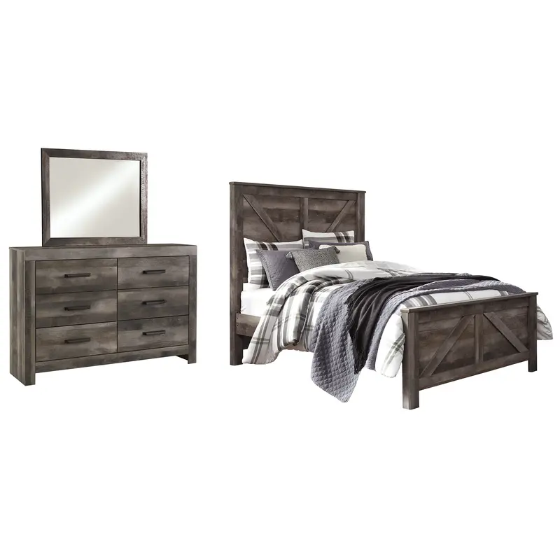 Wynnlow Queen Crossbuck Panel Bed with Mirrored Dresser