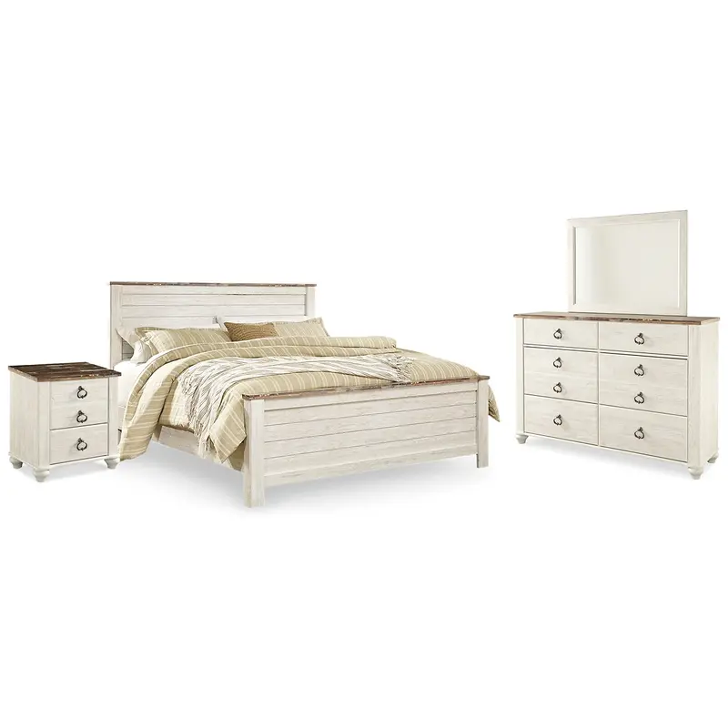 Willowton King Panel Bed with Mirrored Dresser and Nightstand