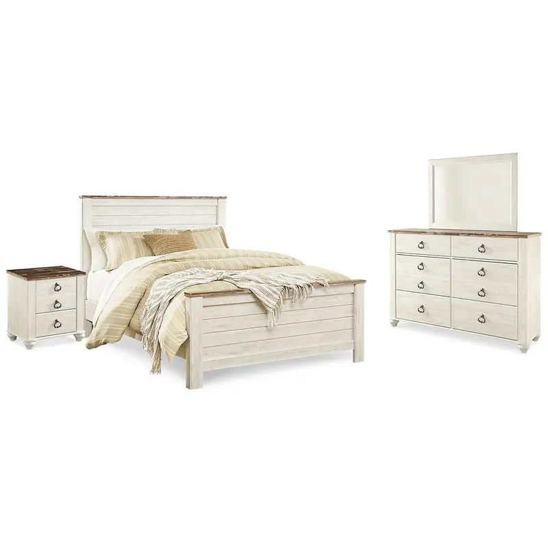 Willowton Queen Panel Bed with Mirrored Dresser and Nightstand