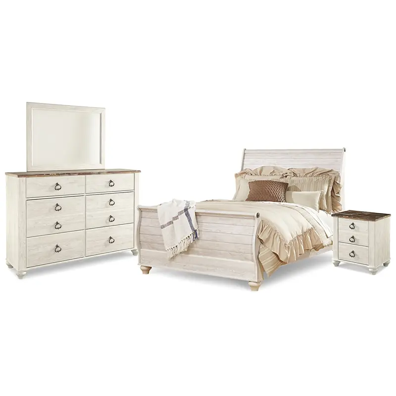 Willowton Queen Sleigh Bed with Mirrored Dresser and Nightstand