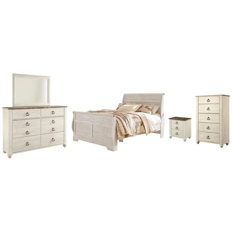 Willowton Queen Sleigh Bed with Mirrored Dresser, Chest and Nightstand