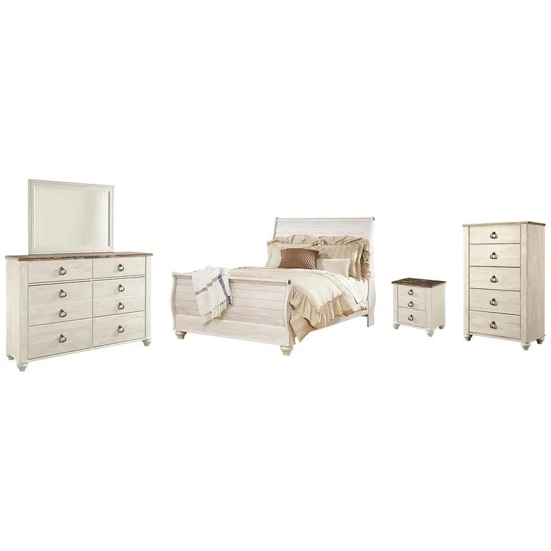 Willowton  Sleigh Bed With Mirrored Dresser, Chest And Nightstand