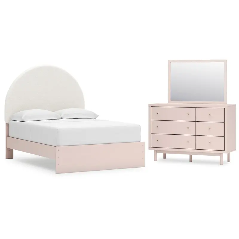 Wistenpine Full Upholstered Panel Bed with Mirrored Dresser