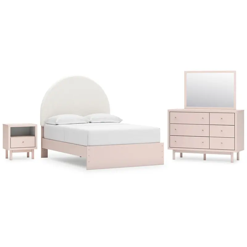Wistenpine Full Upholstered Panel Bed with Mirrored Dresser and Nightstand