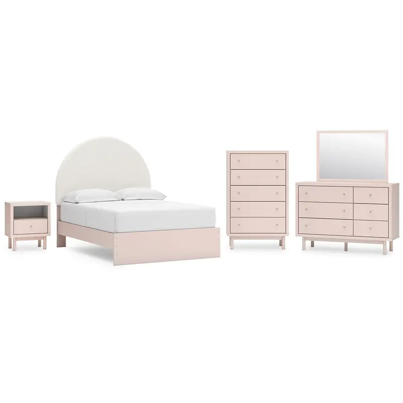 Wistenpine Full Upholstered Panel Bed with Mirrored Dresser, Chest and Nightstand