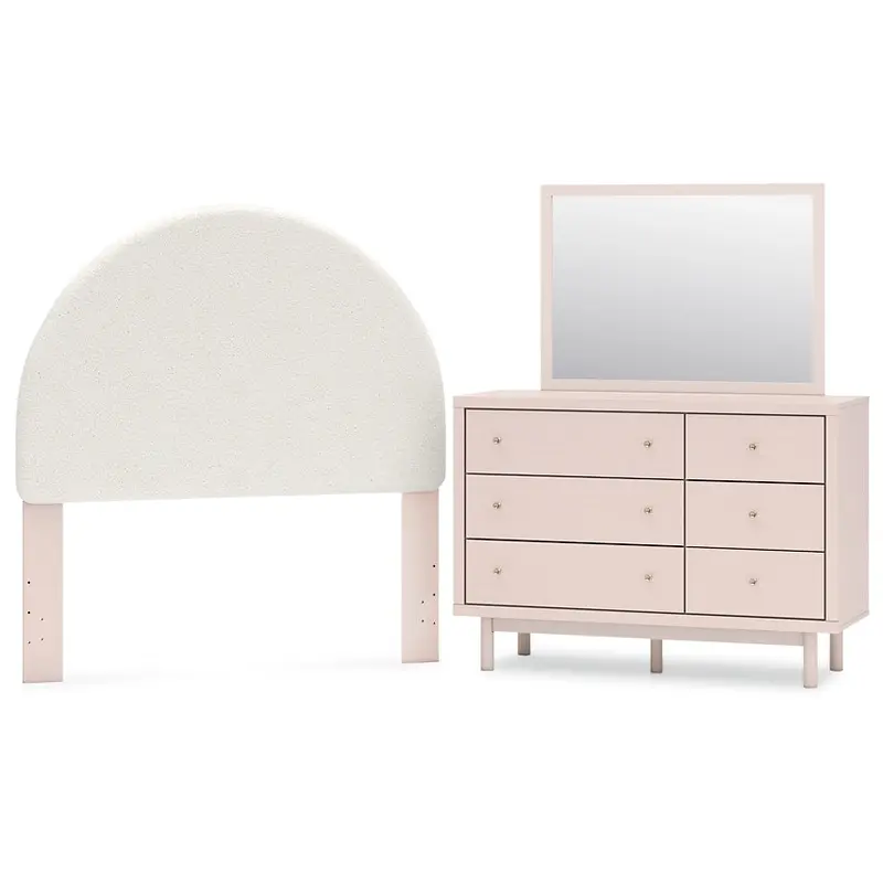 Wistenpine Full Upholstered Panel Headboard with Mirrored Dresser
