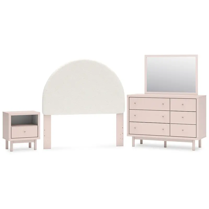Wistenpine Full Upholstered Panel Headboard with Mirrored Dresser and Nightstand