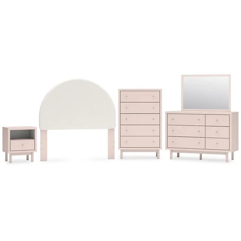Wistenpine Full Upholstered Panel Headboard with Mirrored Dresser, Chest and Nightstand
