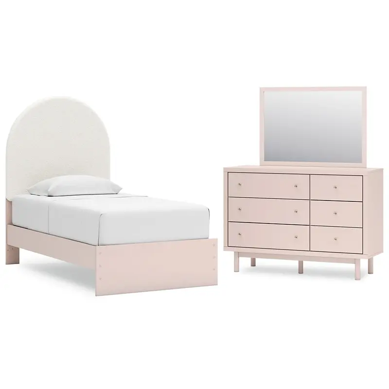 Wistenpine Twin Upholstered Panel Bed with Mirrored Dresser