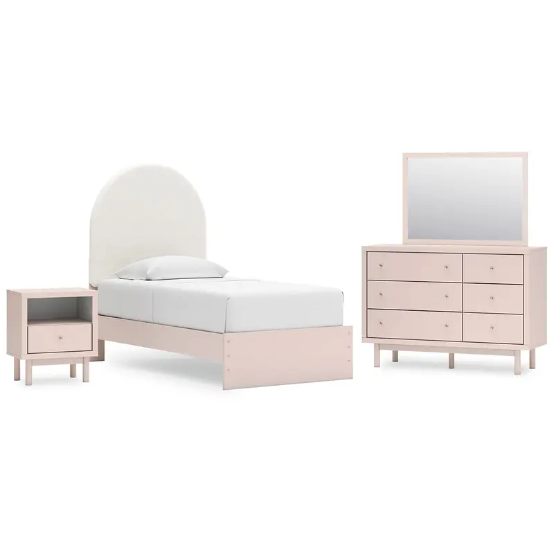 Wistenpine Twin Upholstered Panel Bed with Mirrored Dresser and Nightstand