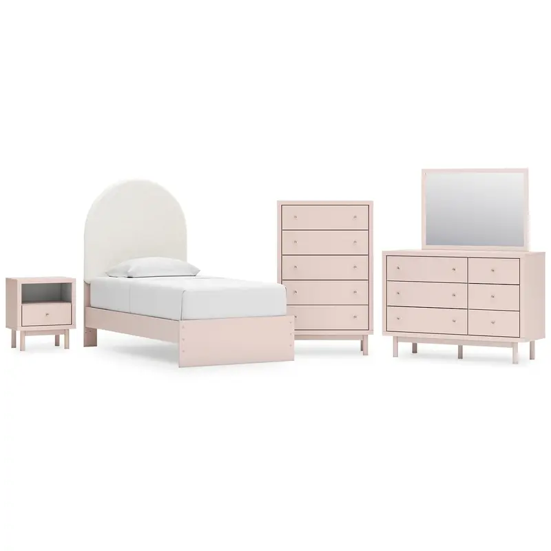 Wistenpine Twin Upholstered Panel Bed with Mirrored Dresser, Chest and Nightstand
