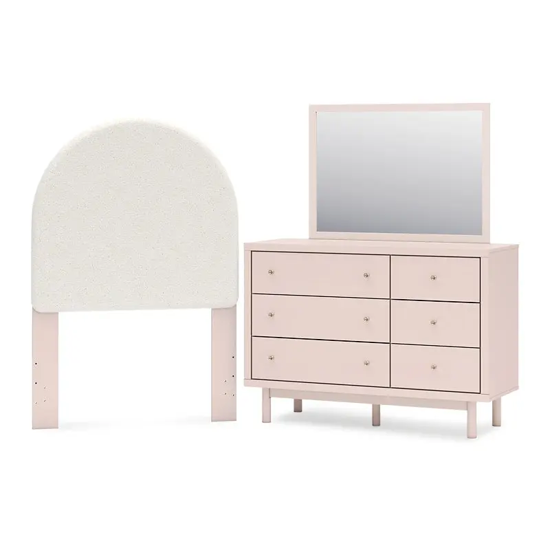 Wistenpine Twin Upholstered Panel Headboard with Mirrored Dresser
