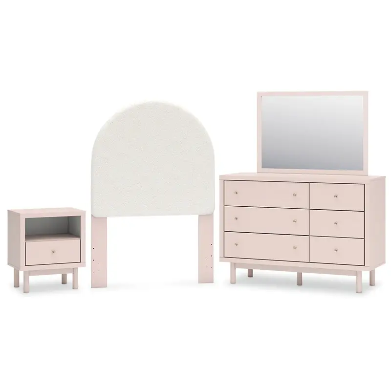 Wistenpine Twin Upholstered Panel Headboard with Mirrored Dresser and Nightstand