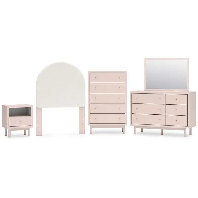 Wistenpine Twin Upholstered Panel Headboard with Mirrored Dresser, Chest and Nightstand