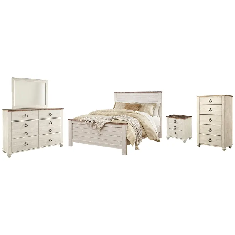 Willowton  Panel Bed With Mirrored Dresser, Chest And Nightstand