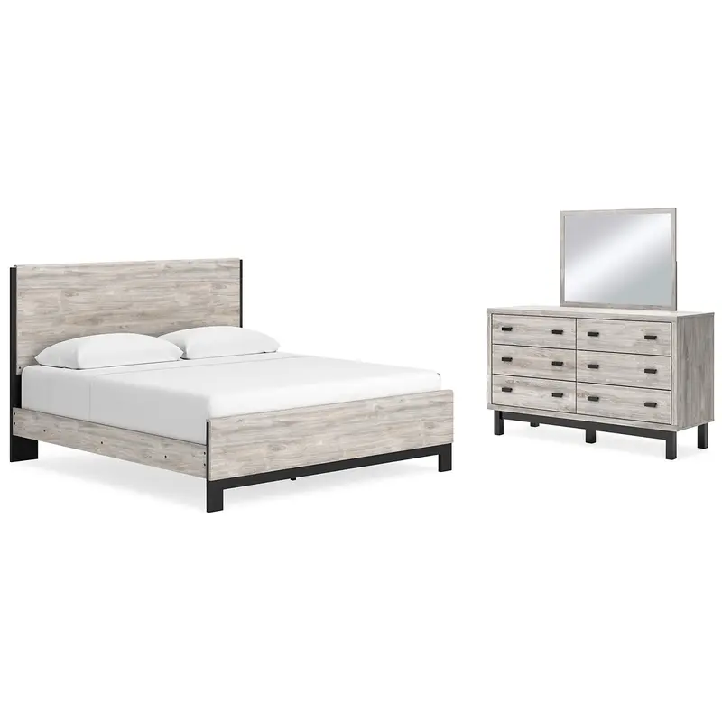 Vessalli King Panel Bed with Mirrored Dresser