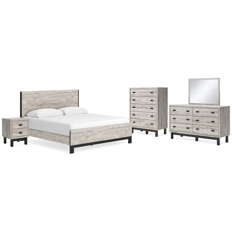 Vessalli King Panel Bed with Mirrored Dresser, Chest and Nightstand