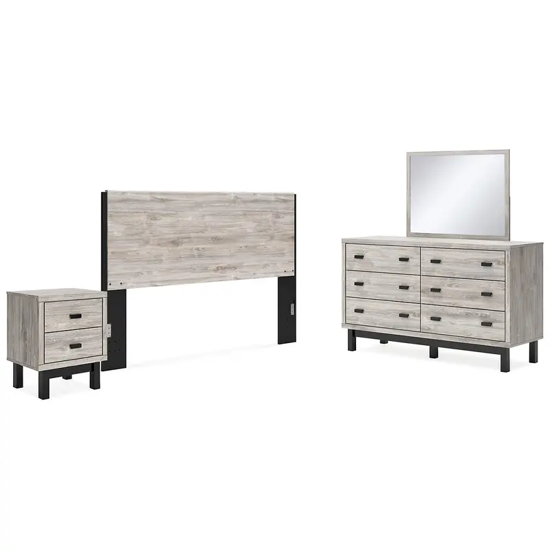 Vessalli King Panel Headboard with Mirrored Dresser and Nightstand
