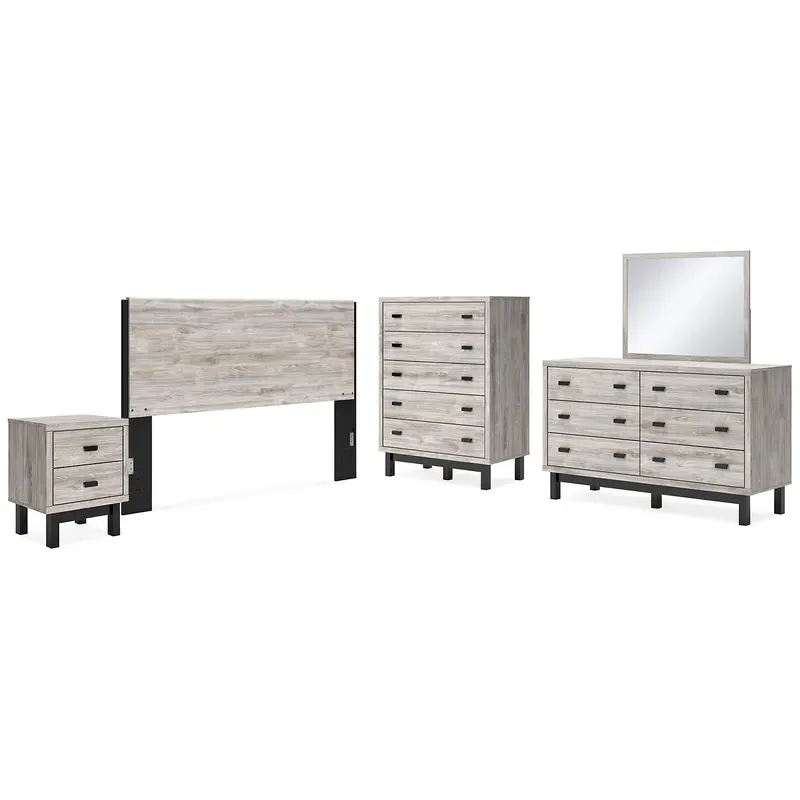 Vessalli King Panel Headboard with Mirrored Dresser, Chest and Nightstand