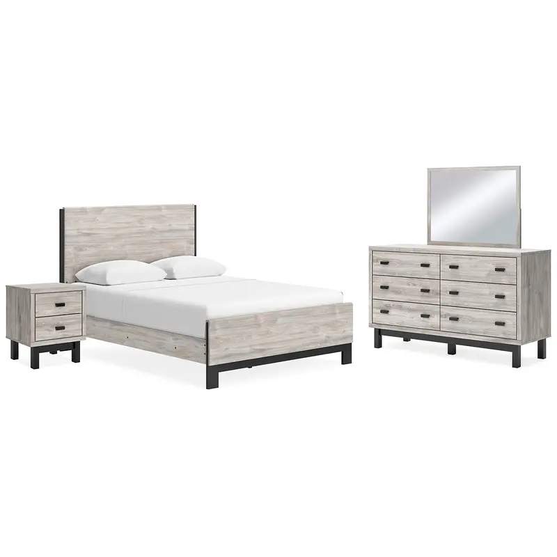 Vessalli Queen Panel Bed with Mirrored Dresser and Nightstand