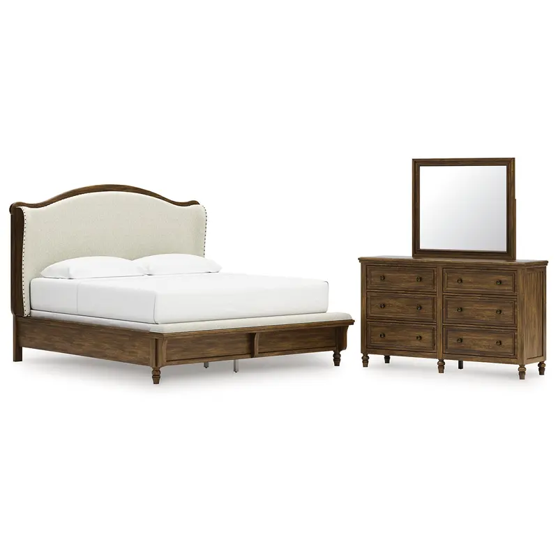 Sturlayne King Upholstered Panel Bed with Mirrored Dresser