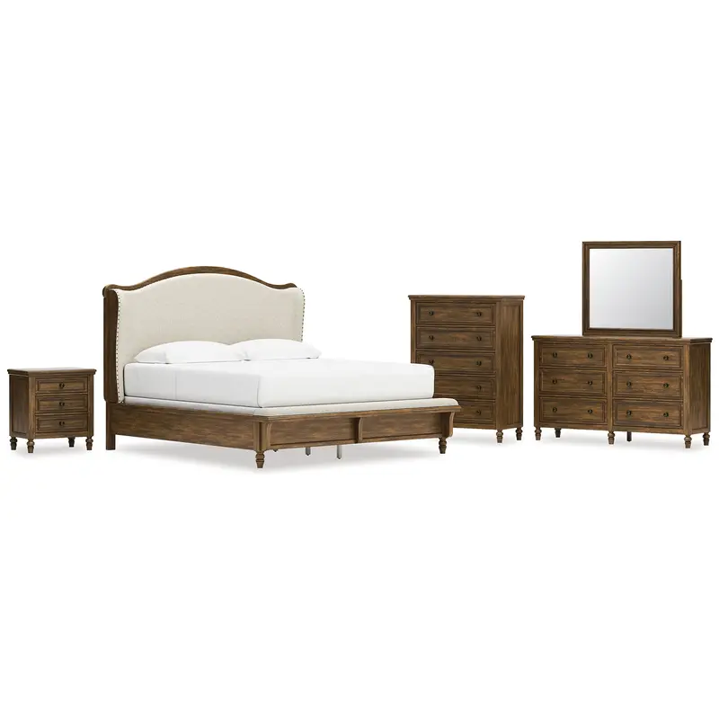 Sturlayne King Upholstered Panel Bed with Mirrored Dresser, Chest and Nightstand