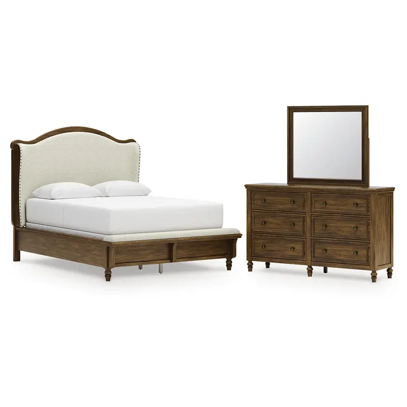 Sturlayne Queen Upholstered Panel Bed with Mirrored Dresser