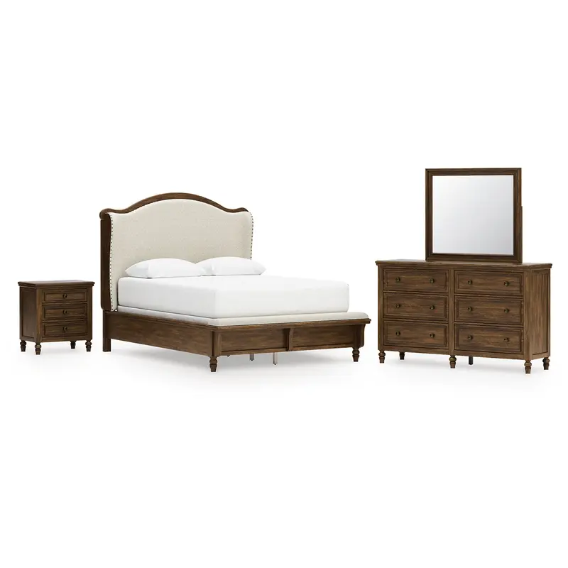 Sturlayne Queen Upholstered Panel Bed with Mirrored Dresser and Nightstand