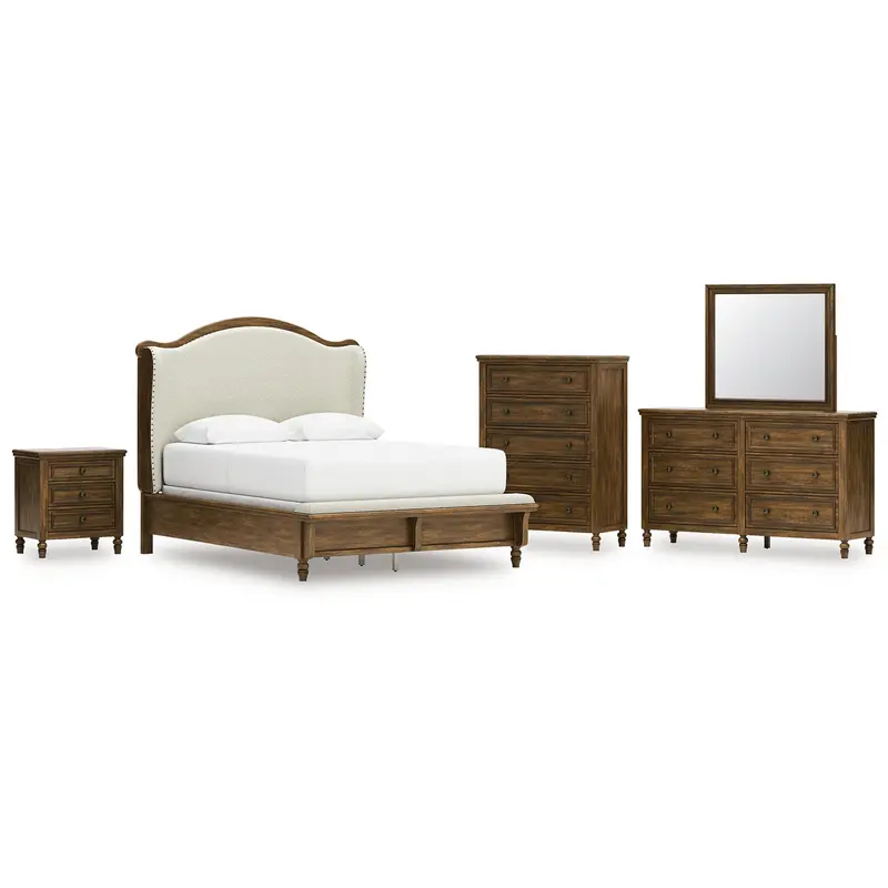 Sturlayne Queen Upholstered Panel Bed with Mirrored Dresser, Chest and Nightstand