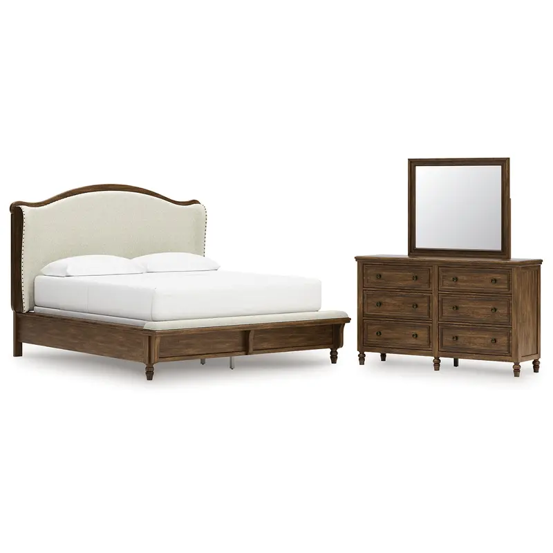Sturlayne California King Upholstered Panel Bed with Mirrored Dresser