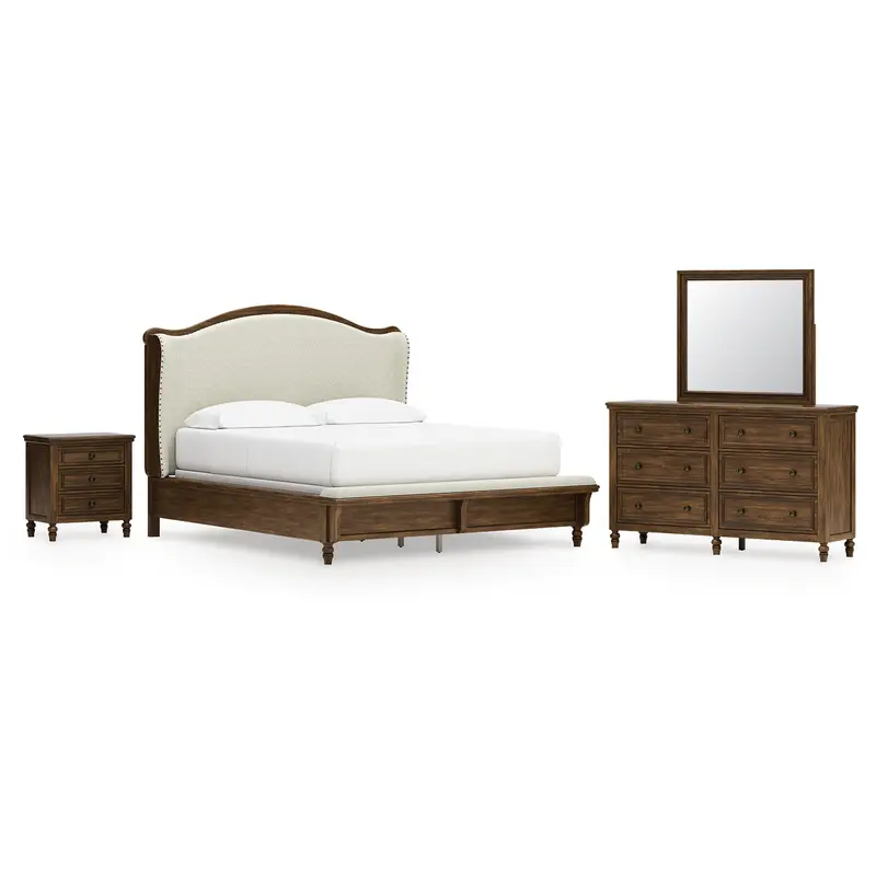 Sturlayne California King Upholstered Panel Bed with Mirrored Dresser and Nightstand