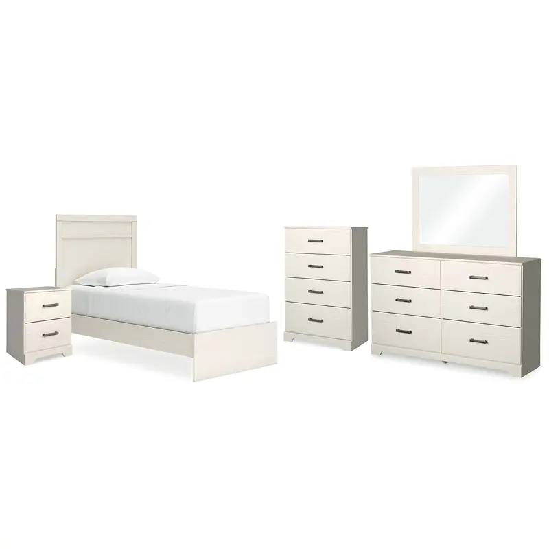 Stelsie Twin Panel Bed with Mirrored Dresser, Chest and Nightstand