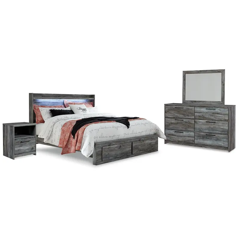 Baystorm King Panel Bed with 2 Storage Drawers with Mirrored Dresser, and Nightstand