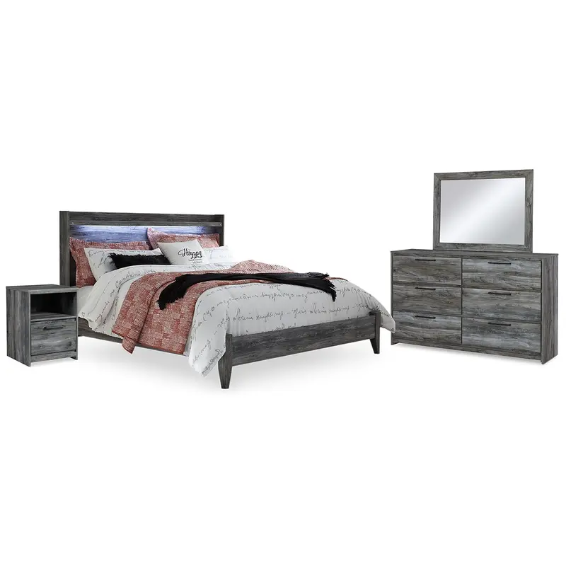 Baystorm King Panel Bed with Mirrored Dresser and Nightstand