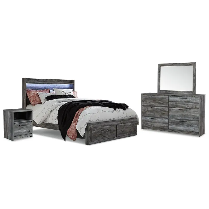 Baystorm Queen Panel Bed with 2 Storage Drawers with Mirrored Dresser and Nightstand