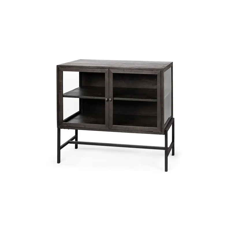 Arelius Black-Brown Wood, Black Metal Base Glass Doors Accent Cabinet