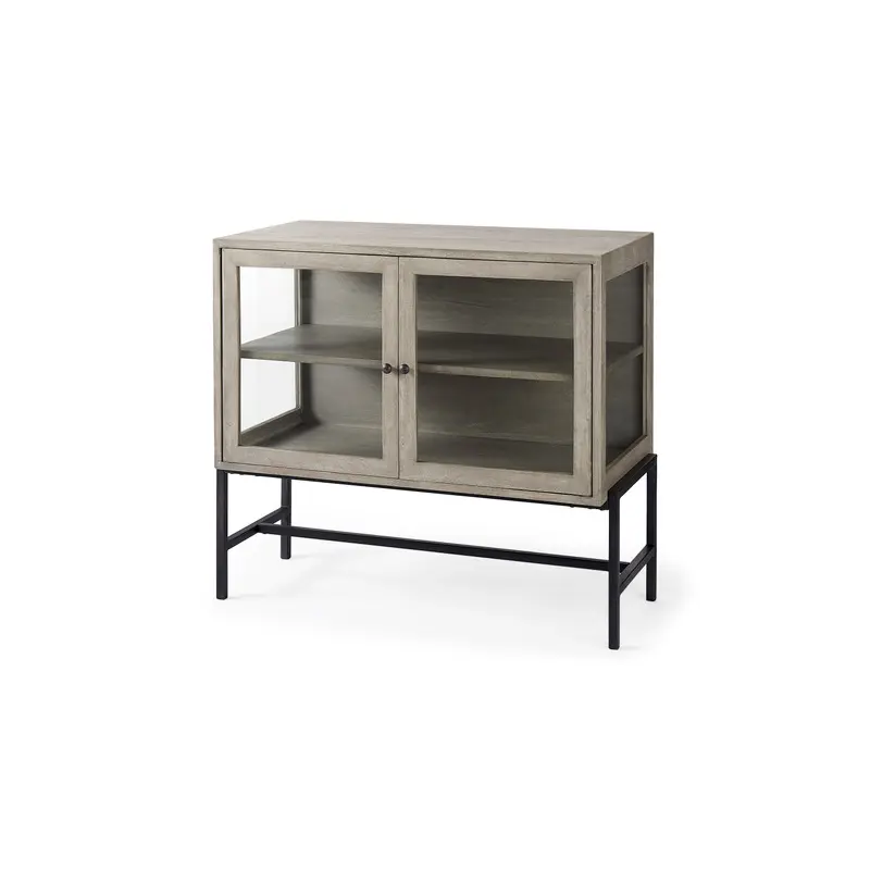 Arelius Gray Wood, Black Metal Base w/ 2 Glass Doors Accent Cabinet
