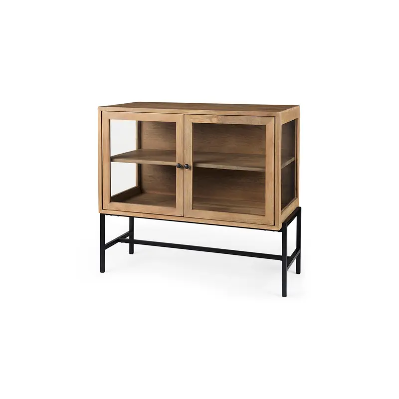 Arelius Light Brown Wood, Black Metal Base w/ 2 Glass Doors Accent Cabinet