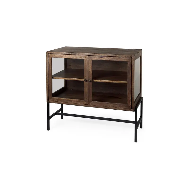 Arelius Medium Brown Wood, Black Metal Base w/ 2 Glass Doors Accent Cabinet