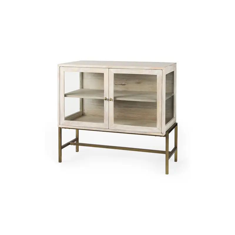 Arelius White Wood, Gold Metal Base w/ 2 Glass Doors Accent Cabinet