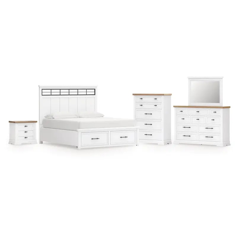 Ashbryn California King Panel Storage Bed with Mirrored Dresser, Chest and Nightstand