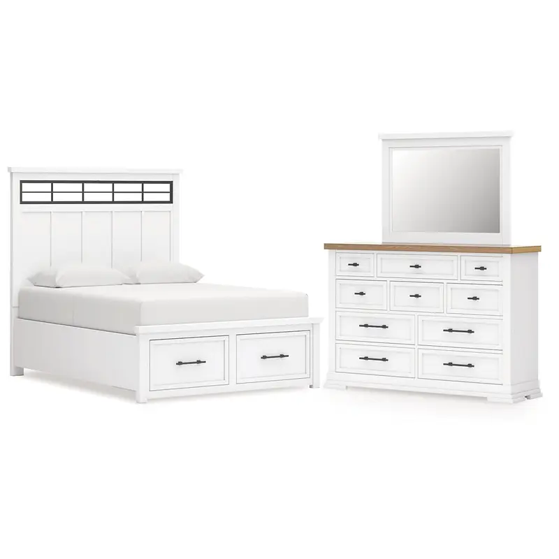 Ashbryn King Panel Storage Bed with Mirrored Dresser
