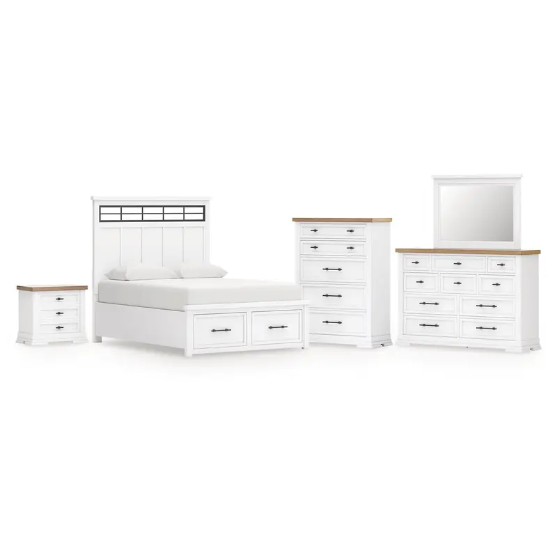 Ashbryn King Panel Storage Bed with Mirrored Dresser, Chest and Nightstand