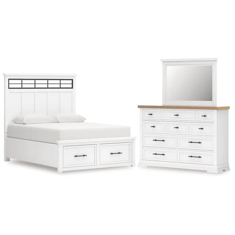 Ashbryn Queen Panel Storage Bed with Mirrored Dresser