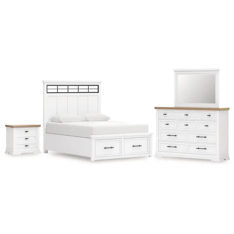 Ashbryn Queen Panel Storage Bed with Mirrored Dresser and Nightstand