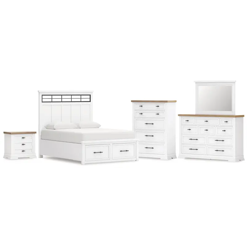 Ashbryn Queen Panel Storage Bed with Mirrored Dresser, Chest and Nightstand