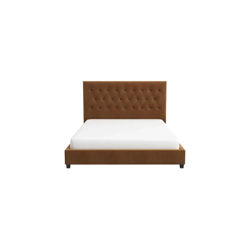 Donald Mid Century Modern Cognac Velvet Platform Bed King - 76.1"