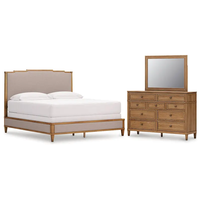Sharlance California King Upholstered Panel Bed with Mirrored Dresser