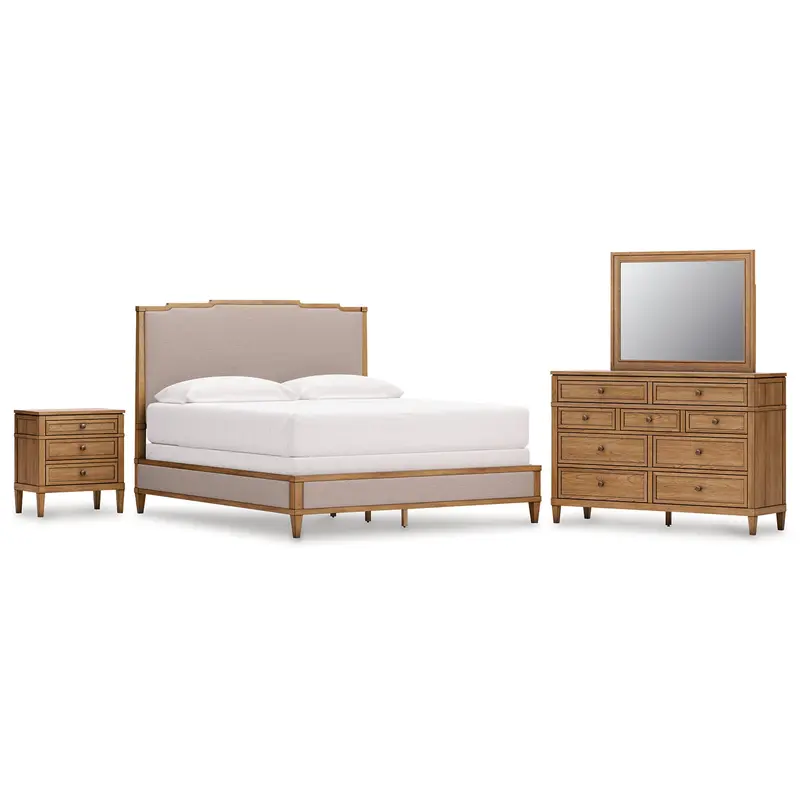 Sharlance California King Upholstered Panel Bed with Mirrored Dresser and Nightstand