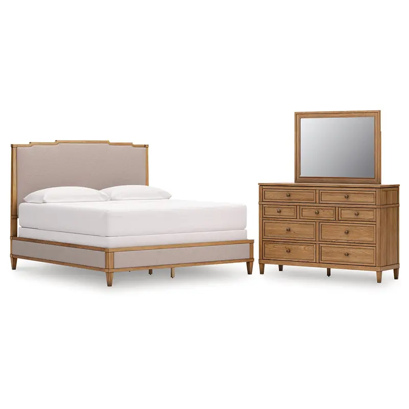 Sharlance King Upholstered Panel Bed with Mirrored Dresser